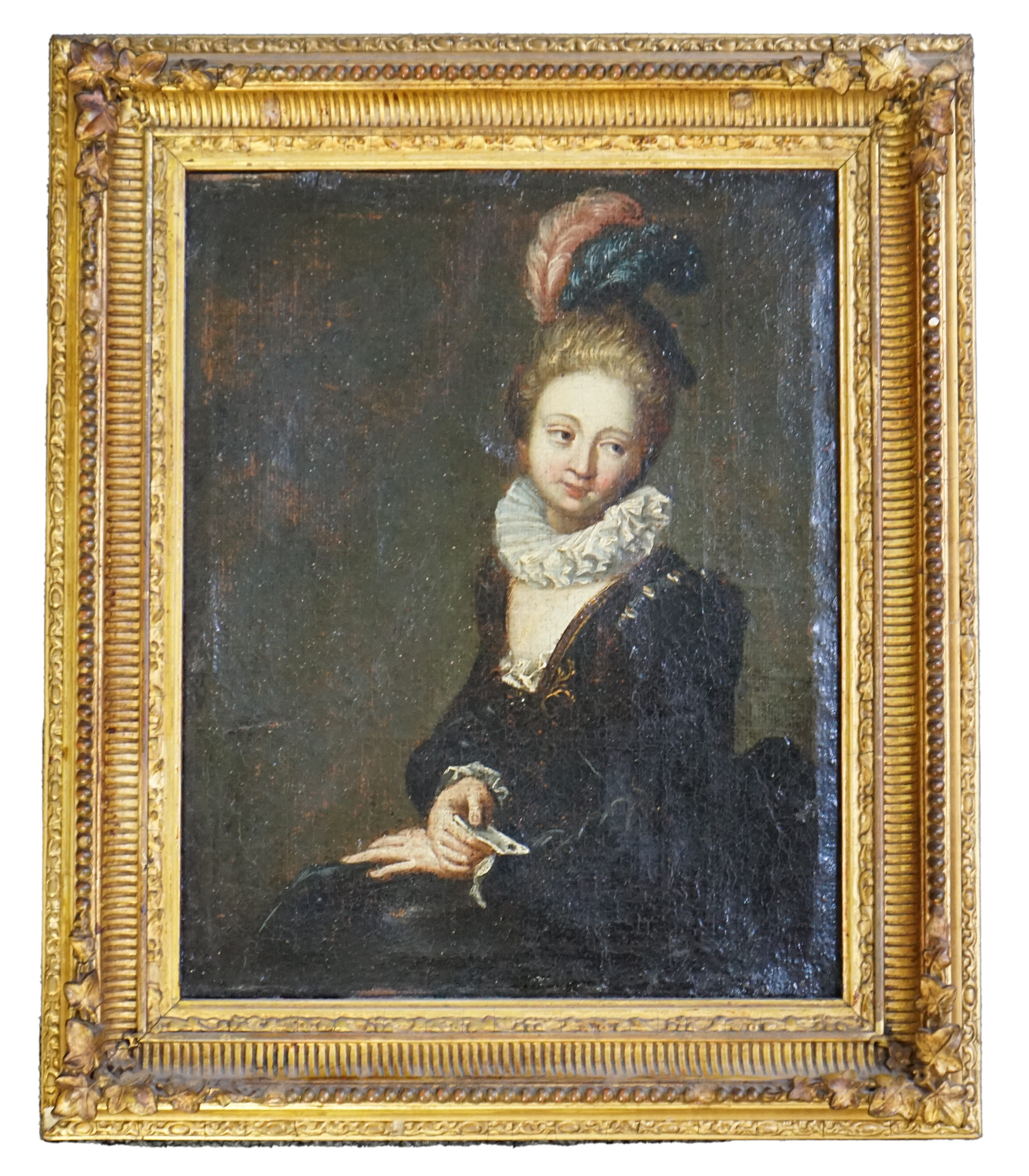 Late 18th Continental School , Portrait of a seated lady wearing a black dress, lace ruff and feathered headdress, oil on canvas, 25 x 21cm